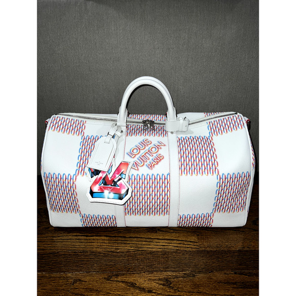 Louis Vuitton Keepall Bandouliere 50 Damier Spray White Logo Weekend Travel Bag - Picture 2 of 12